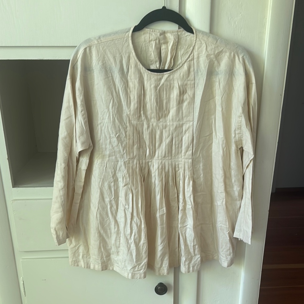 Cream Pleated 3/4 Sleeve Blouse with Mandarin Collar